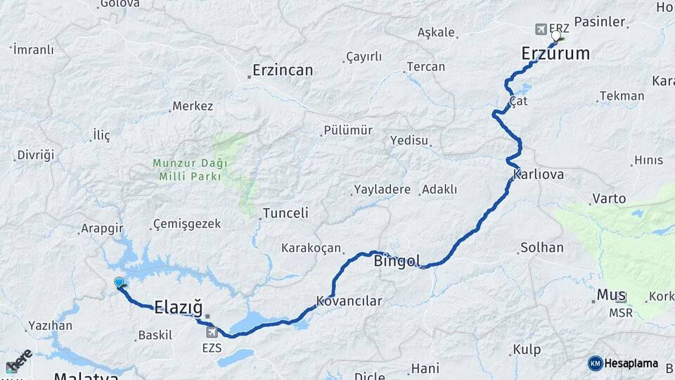 Elazığ Keban Erzurum Arası Kaç Km - Yol Haritası