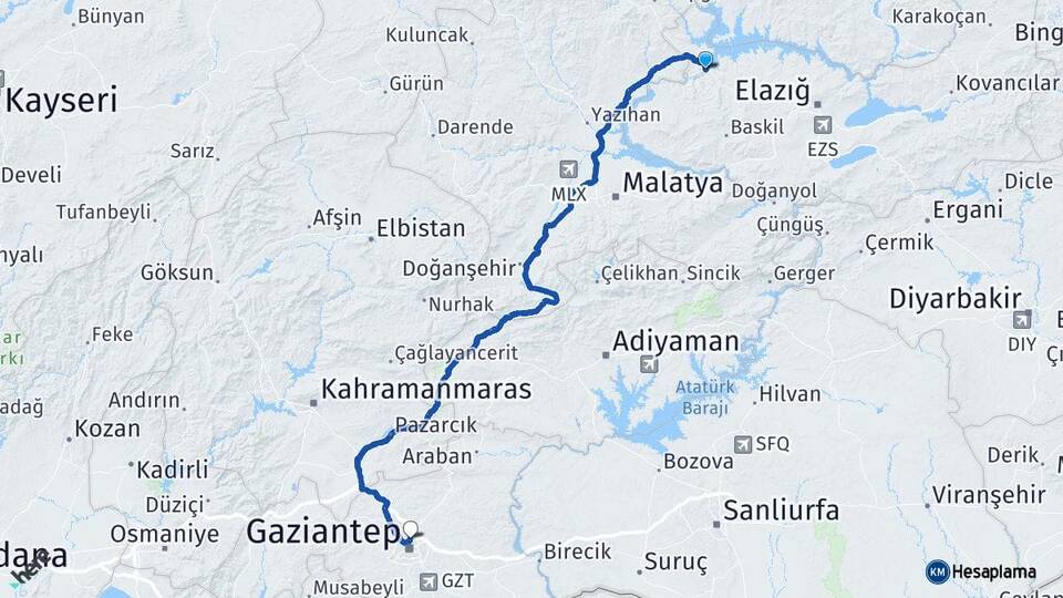 Elazığ Keban Gaziantep Arası Kaç Km - Yol Haritası