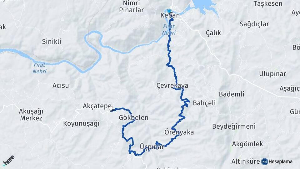 Elazığ Keban Göldere Keban Arası Kaç Km - Yol Haritası
