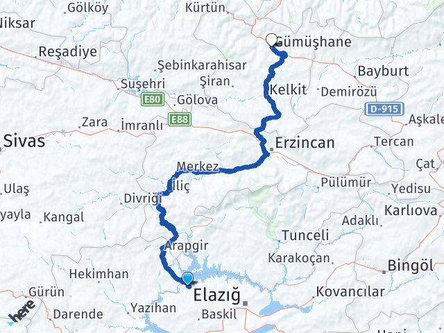 Elazığ Keban Gümüşhane Arası Kaç Km - Yol Haritası