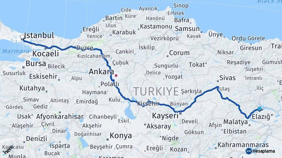 Elazığ Keban İstanbul Arası Kaç Km - Yol Haritası