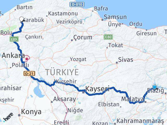 Elazığ Keban Karabük Arası Kaç Km - Yol Haritası