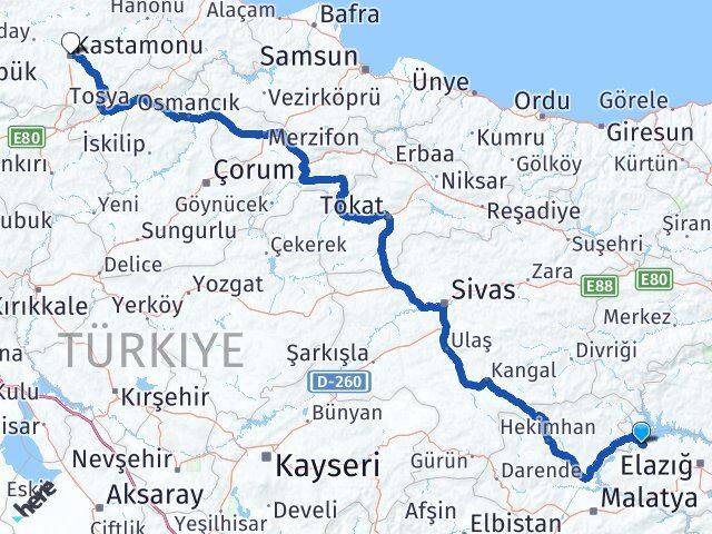 Elazığ Keban Kastamonu Arası Kaç Km - Yol Haritası