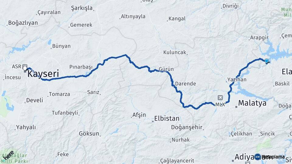 Elazığ Keban Kayseri Arası Kaç Km - Yol Haritası