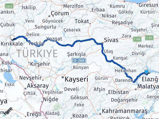Elazığ Keban Kırıkkale Arası Kaç Km - Yol Haritası