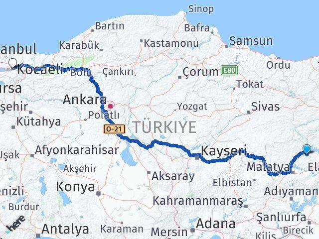 Elazığ Keban Kocaeli Arası Kaç Km - Yol Haritası