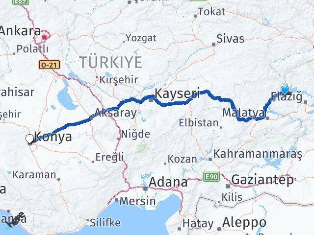 Elazığ Keban Konya Arası Kaç Km - Yol Haritası