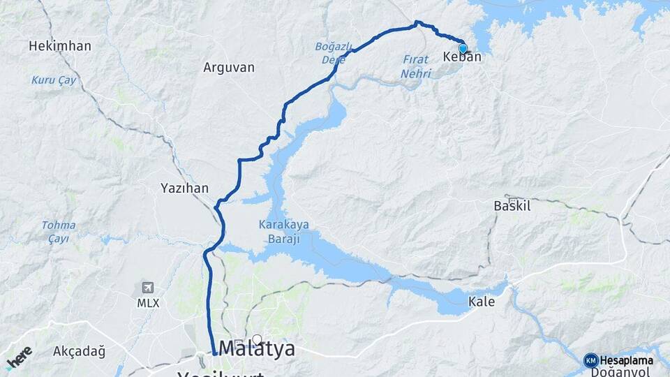 Elazığ Keban Malatya Arası Kaç Km - Yol Haritası