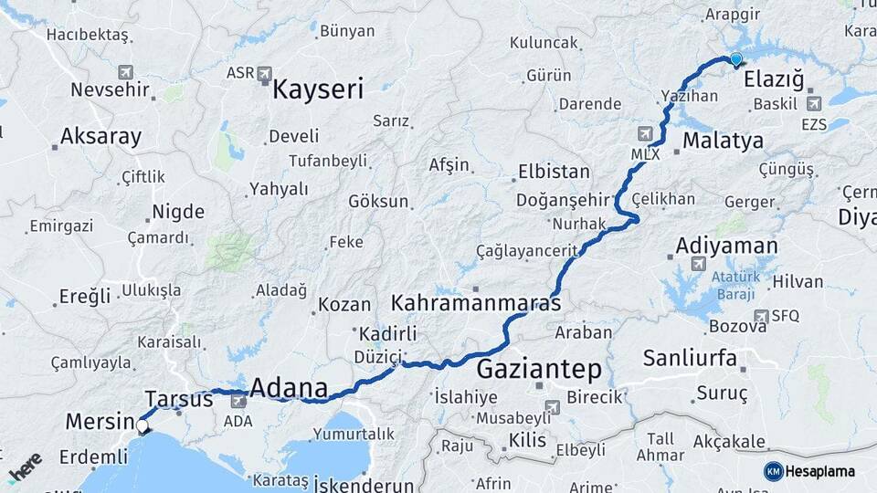 Elazığ Keban Mersin Arası Kaç Km - Yol Haritası