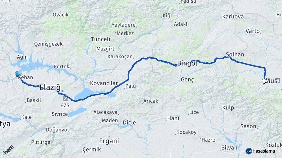 Elazığ Keban Muş Arası Kaç Km - Yol Haritası