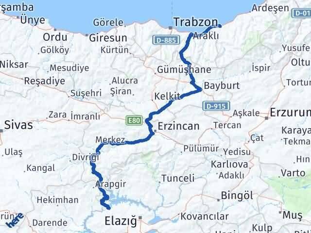 Elazığ Keban Rize Arası Kaç Km - Yol Haritası