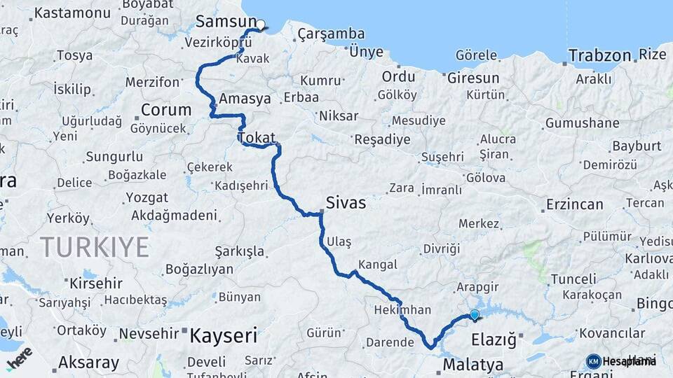 Elazığ Keban Samsun Arası Kaç Km - Yol Haritası