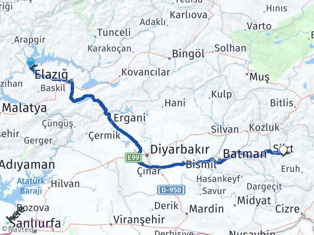 Elazığ Keban Siirt Arası Kaç Km - Yol Haritası