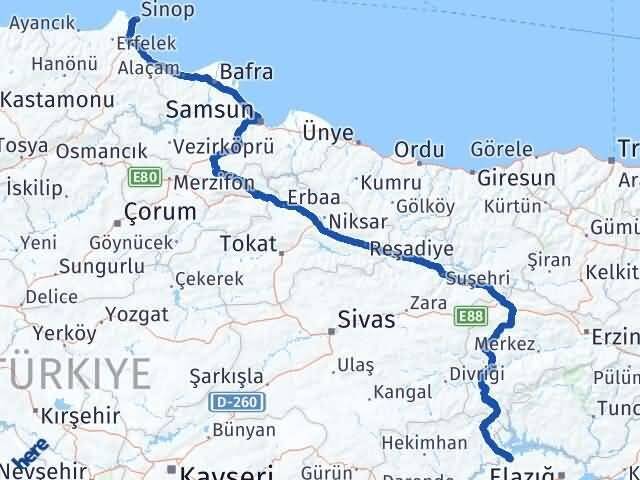 Elazığ Keban Sinop Arası Kaç Km - Yol Haritası