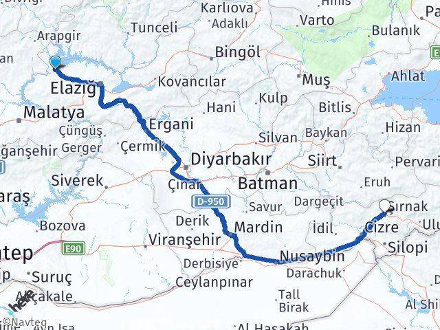 Elazığ Keban Şırnak Arası Kaç Km - Yol Haritası