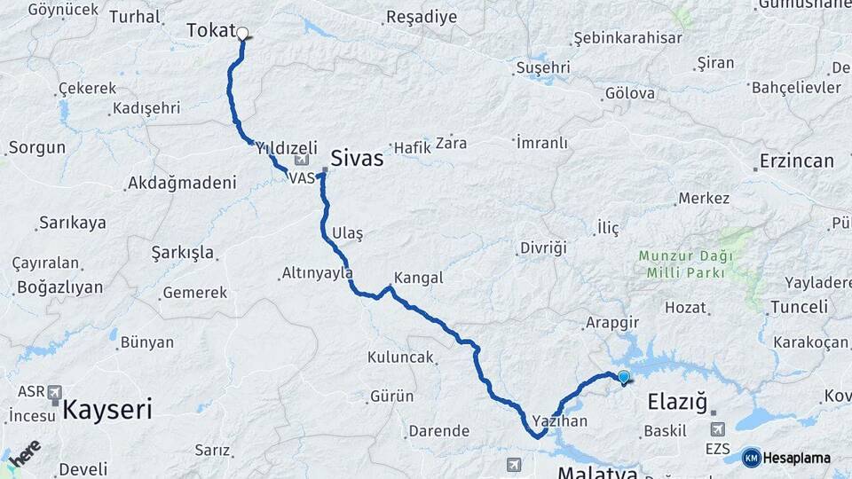 Elazığ Keban Tokat Arası Kaç Km - Yol Haritası