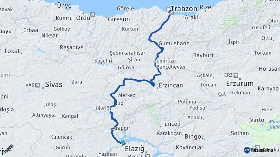 Elazığ Keban Trabzon Arası Kaç Km - Yol Haritası