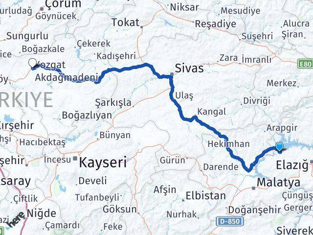 Elazığ Keban Yozgat Arası Kaç Km - Yol Haritası