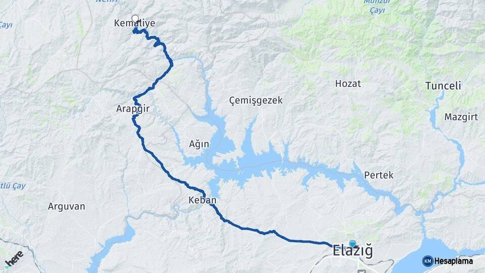 Elazığ Kemaliye Erzincan Arası Kaç Km - Yol Haritası