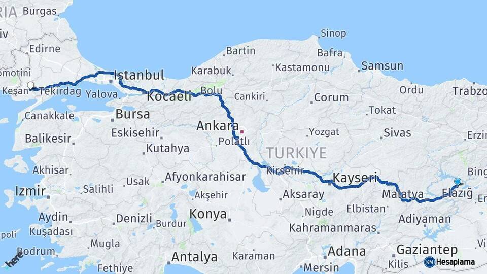 Elazığ Keşan Edirne Arası Kaç Km - Yol Haritası