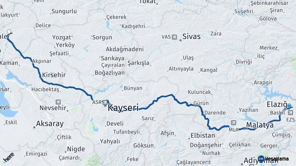 Elazığ Kırıkkale Arası Kaç Km - Yol Haritası