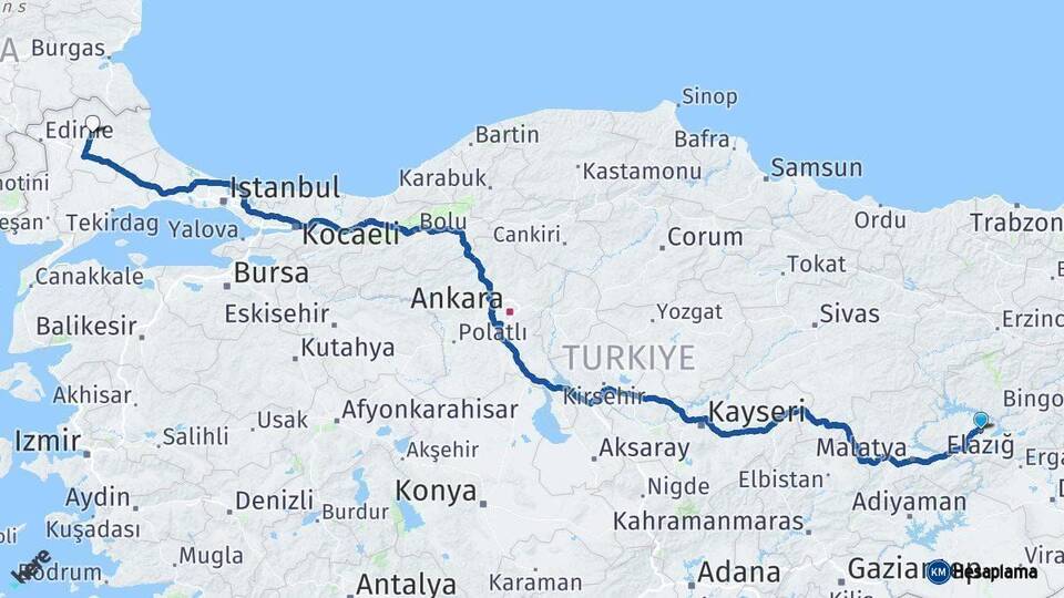 Elazığ Kırklareli Arası Kaç Km - Yol Haritası