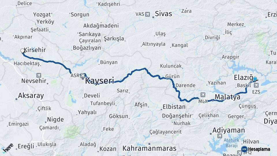 Elazığ Kırşehir Arası Kaç Km - Yol Haritası
