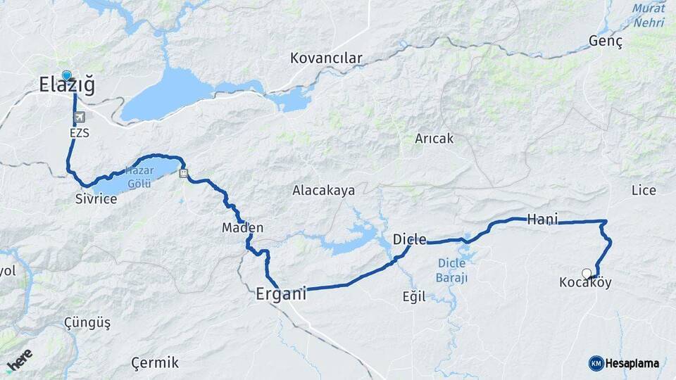 Elazığ Kocaköy Diyarbakır Arası Kaç Km - Yol Haritası
