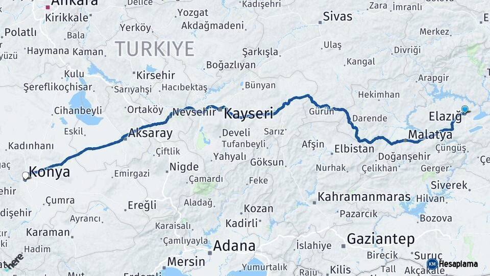Elazığ Konya Arası Kaç Km - Yol Haritası
