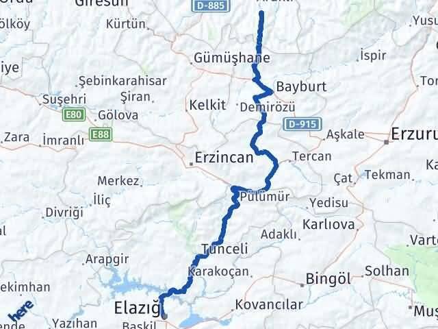 Elazığ Köprübaşı Trabzon Arası Kaç Km - Yol Haritası