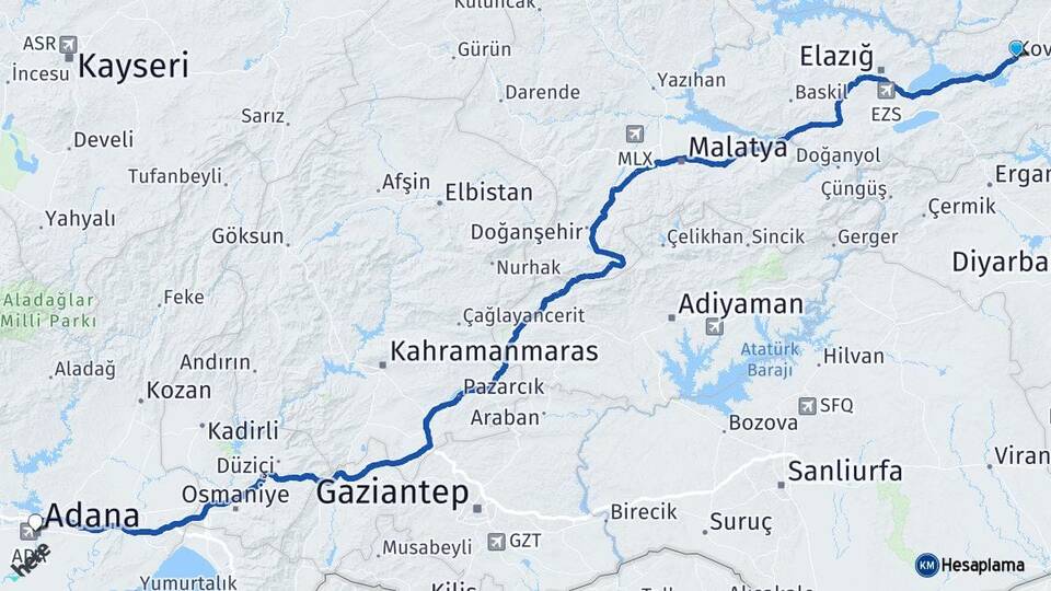 Elazığ Kovancılar Adana Arası Kaç Km - Yol Haritası