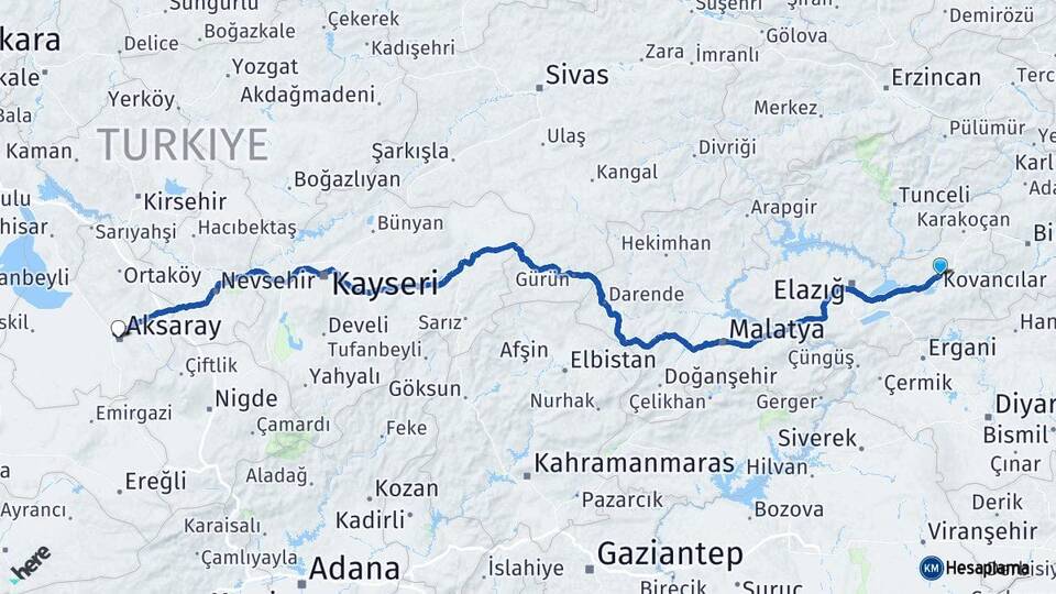 Elazığ Kovancılar Aksaray Arası Kaç Km - Yol Haritası