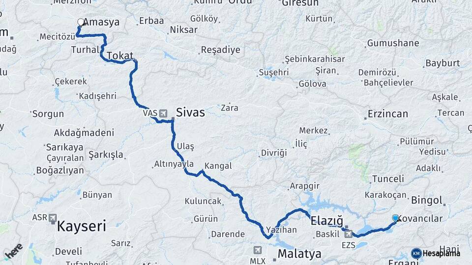 Elazığ Kovancılar Amasya Arası Kaç Km - Yol Haritası