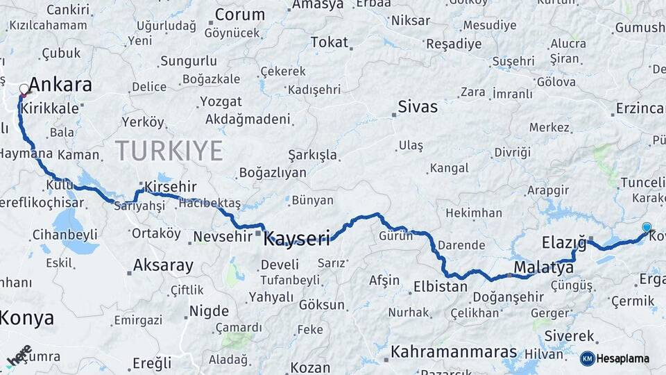 Elazığ Kovancılar Ankara Arası Kaç Km - Yol Haritası