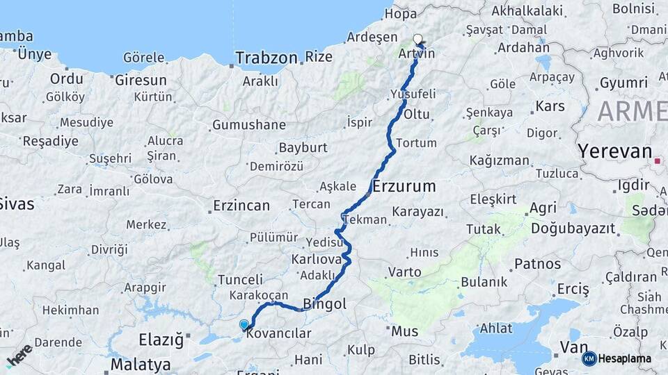 Elazığ Kovancılar Artvin Arası Kaç Km - Yol Haritası