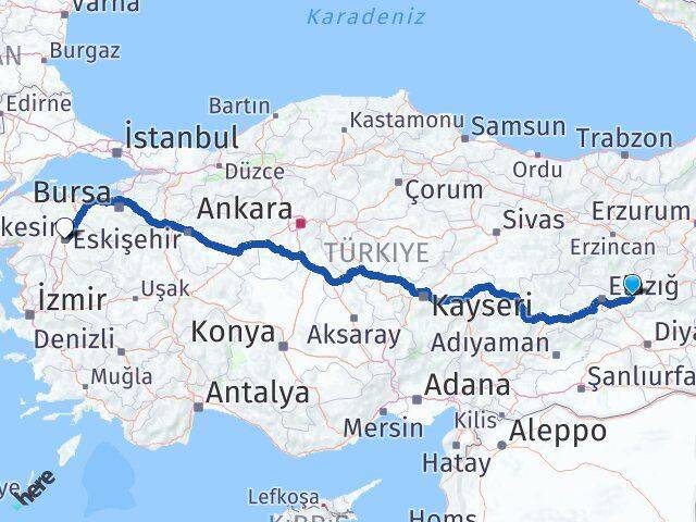 Elazığ Kovancılar Balıkesir Arası Kaç Km - Yol Haritası