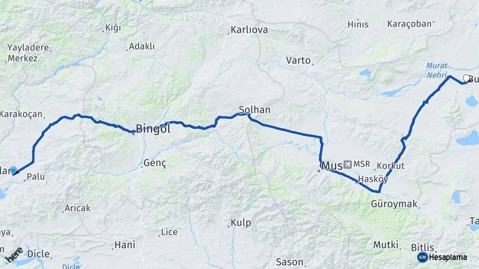 Elazığ Kovancılar Bulanık Muş Arası Kaç Km - Yol Haritası