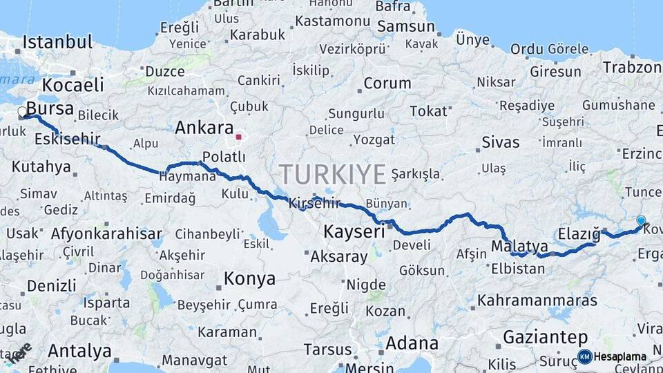 Elazığ Kovancılar Bursa Arası Kaç Km - Yol Haritası