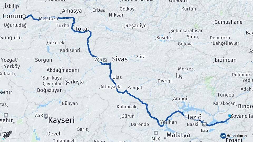 Elazığ Kovancılar Çorum Arası Kaç Km - Yol Haritası