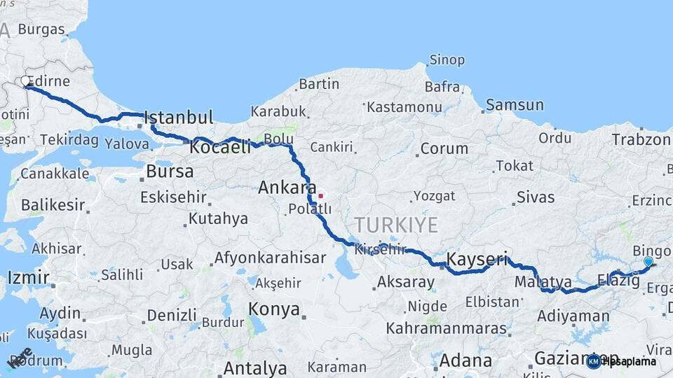 Elazığ Kovancılar Edirne Arası Kaç Km - Yol Haritası