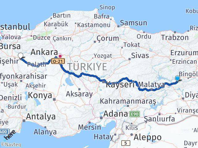Elazığ Kovancılar Eskişehir Arası Kaç Km - Yol Haritası