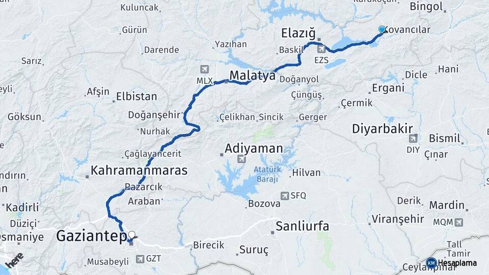 Elazığ Kovancılar Gaziantep Arası Kaç Km - Yol Haritası