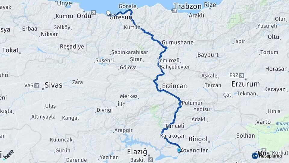 Elazığ Kovancılar Giresun Arası Kaç Km - Yol Haritası
