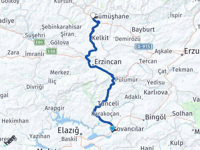 Elazığ Kovancılar Gümüşhane Arası Kaç Km - Yol Haritası