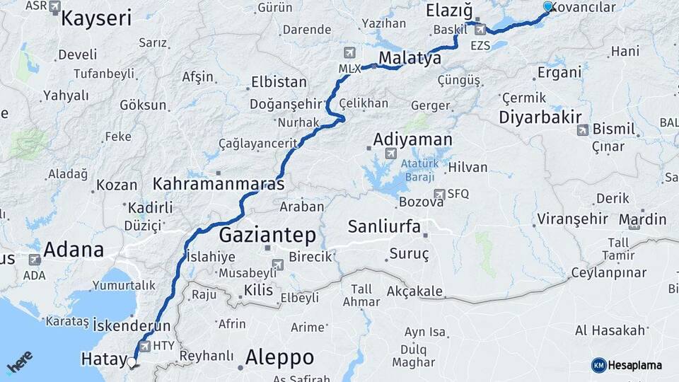 Elazığ Kovancılar Hatay Arası Kaç Km - Yol Haritası