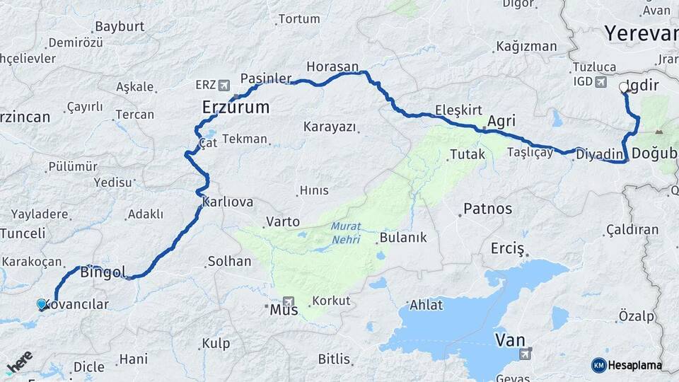 Elazığ Kovancılar Iğdır Arası Kaç Km - Yol Haritası