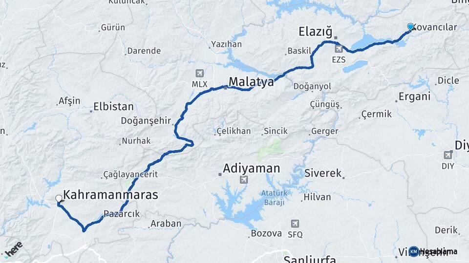 Elazığ Kovancılar Kahramanmaraş Arası Kaç Km - Yol Haritası