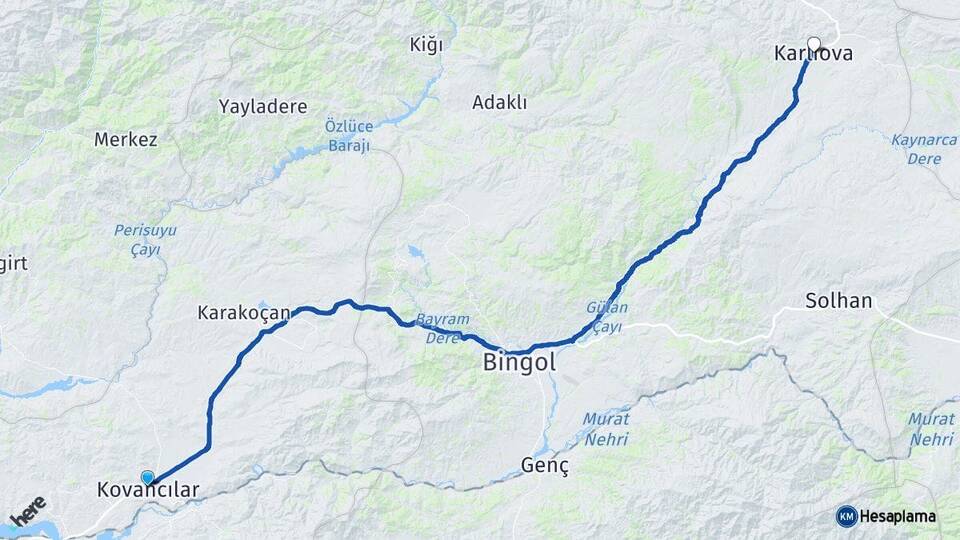 Elazığ Kovancılar Karlıova Bingöl Arası Kaç Km - Yol Haritası