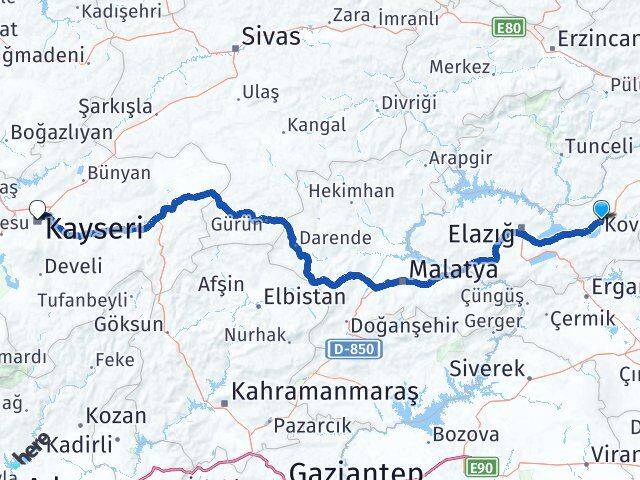 Elazığ Kovancılar Kayseri Arası Kaç Km - Yol Haritası