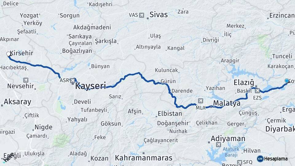 Elazığ Kovancılar Kırşehir Arası Kaç Km - Yol Haritası